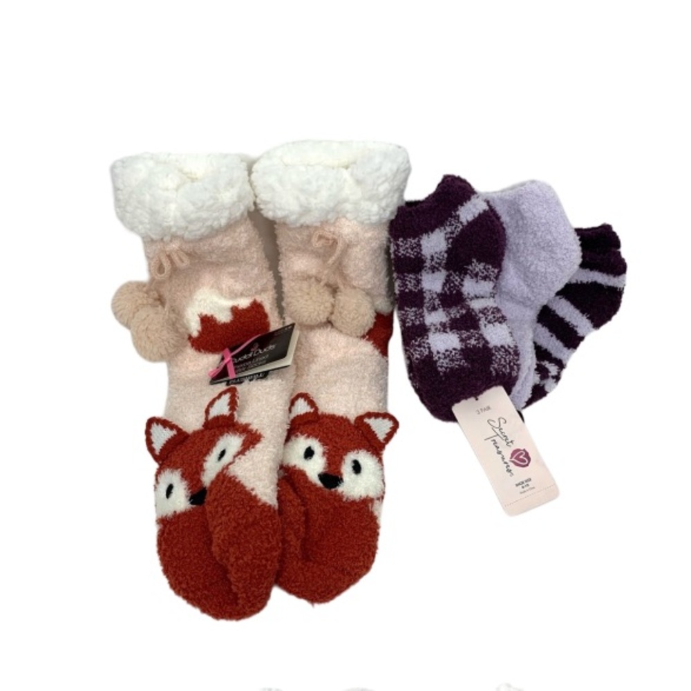 Cuddl Duds Pom Critter Sherpa Lined Fox Socks With FREE Secret Treasures Socks